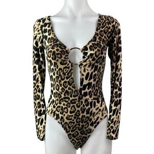 Day & Night Beige Black Leopard Long Sleeve Ring Plunge Bodysuit Top Size S
